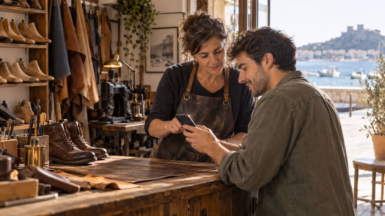Una zapatera y un cliente consultan un móvil en su taller